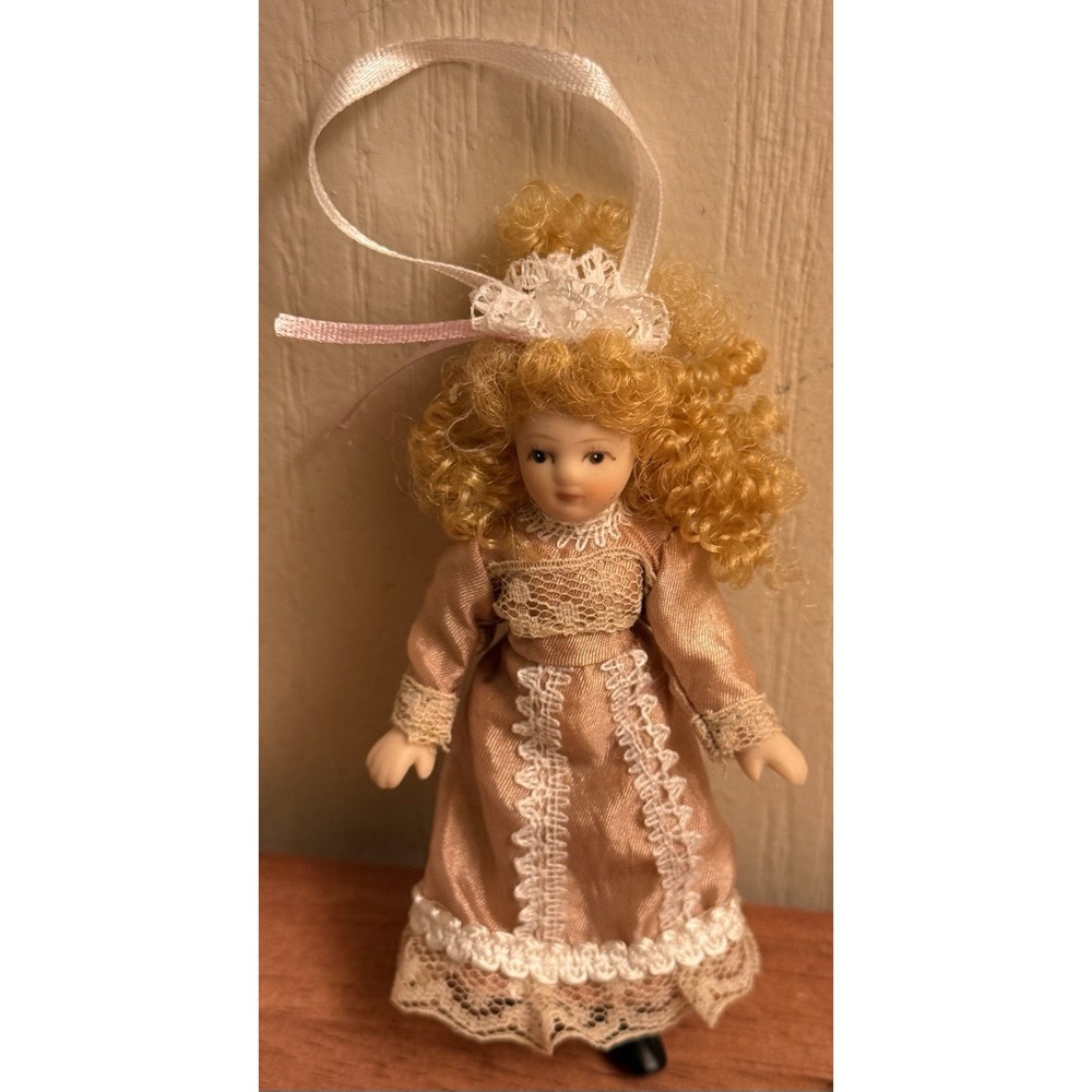 Vintage Miniature Porcelain Doll Ornament 4" Curly Hair, Mauve Dress